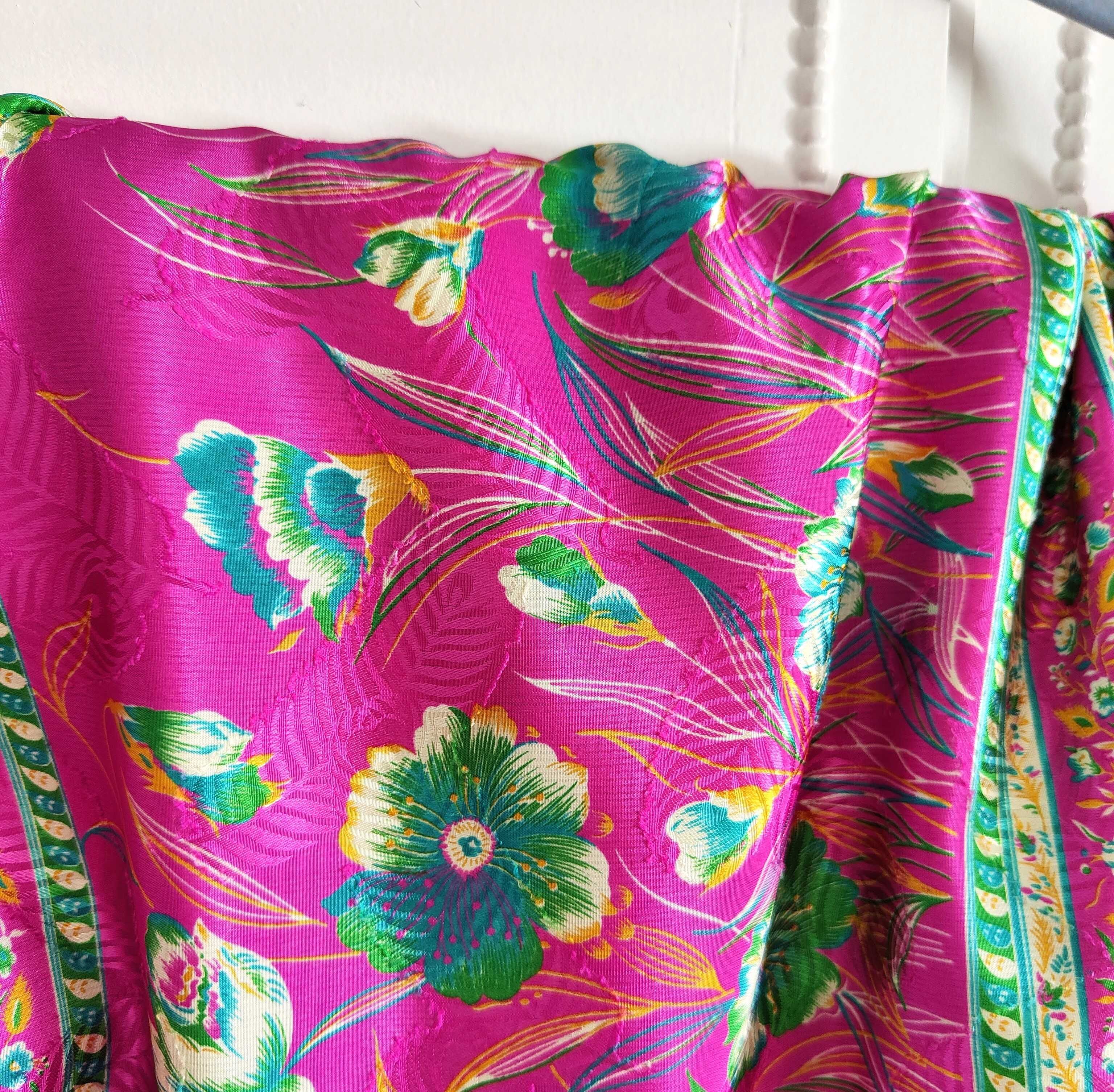 Vintage saree sari róż turkus kwiaty floral indyjska sukienka retro