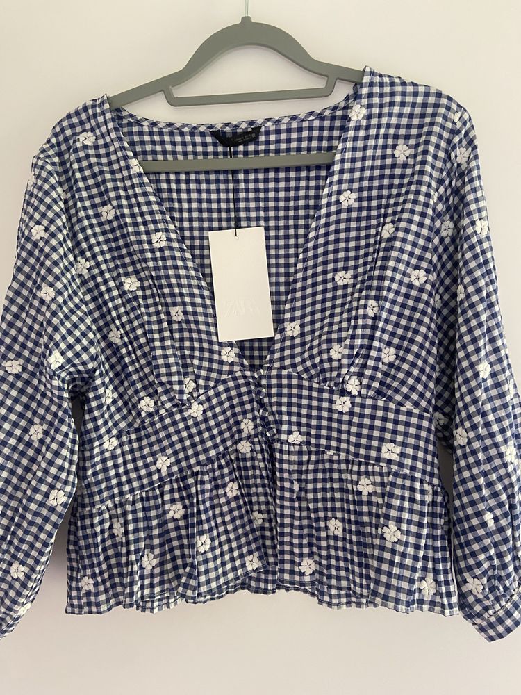 Top w kratke vichy z haftem bluzka w kratke Zara nowa L Xl