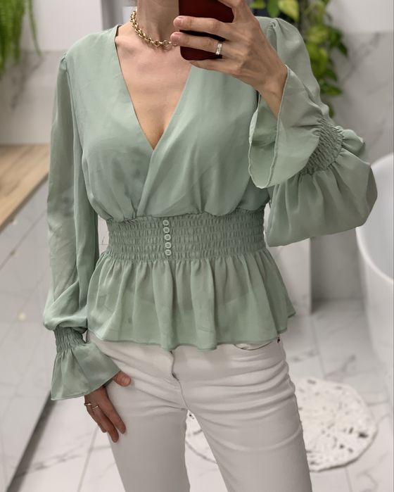 Bluzka mietowa z szyfonu bufiaste rekawy boho romantyczna na lato 40