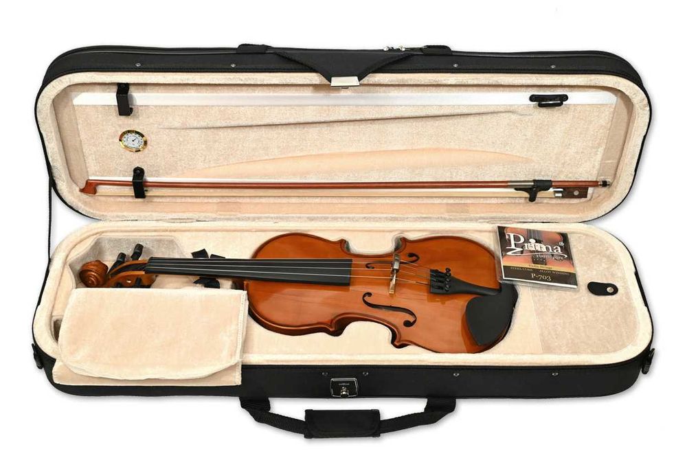 Skrzypce 4/4 z tłumikiem. Futerał Pro z zamkiem i higrometrem. Smyczek