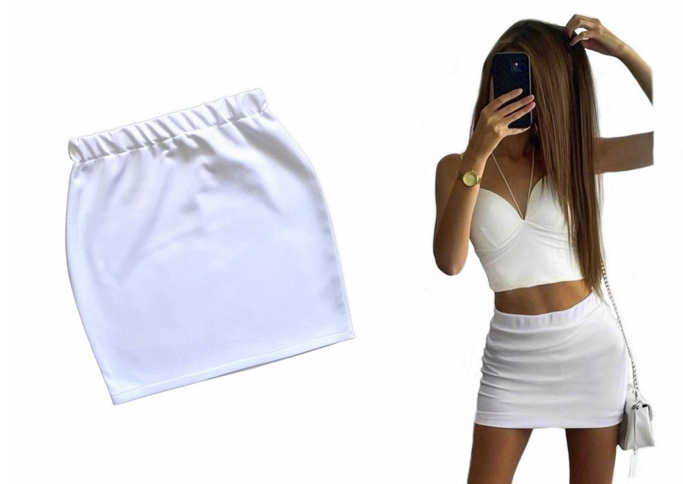 Biała Spódniczka Mini ołówkowa w pasie na Gumce