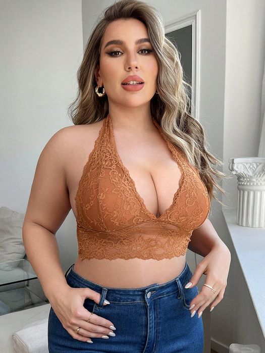 Top Crop Gorsetowy Koronkowy Głęboki Dekolt Brązowy Casual Shein 4Xl