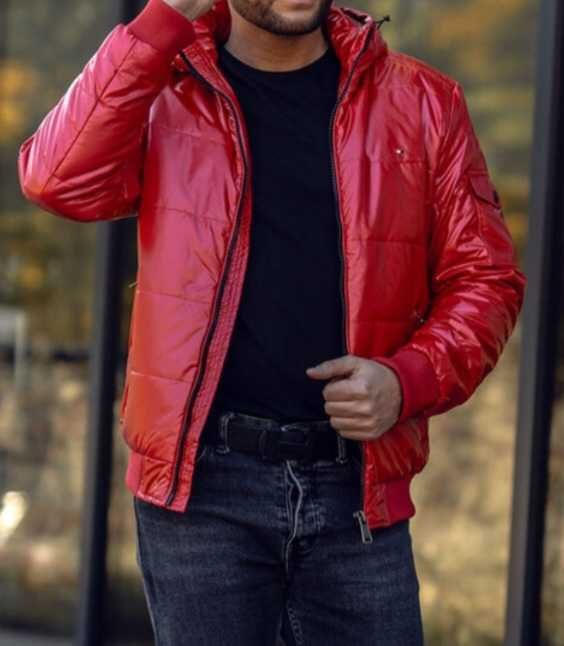 Kurtka meska lakierowana czerwona hilfiger zimowa xxl 2xl blyszczaca