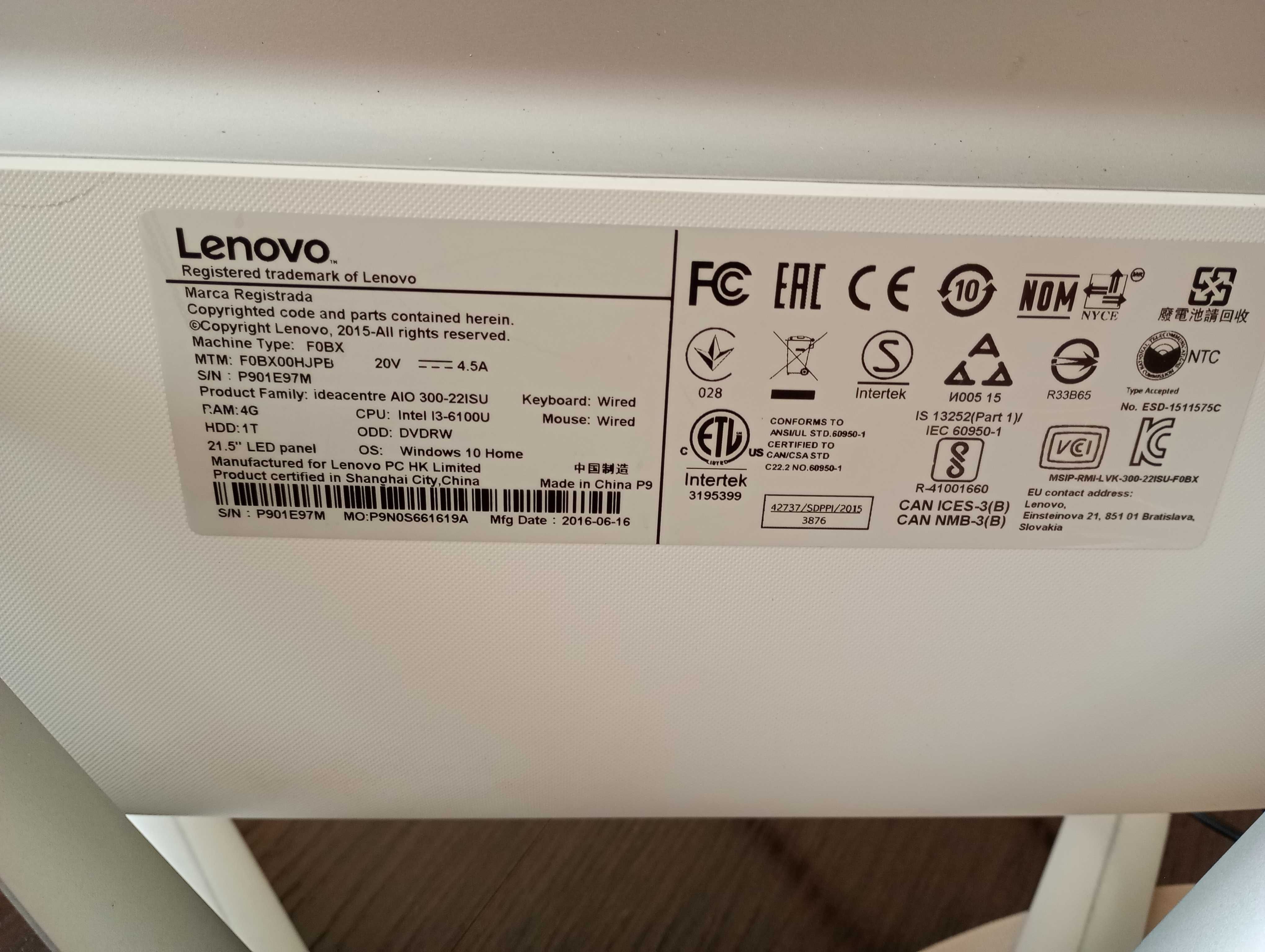 Lenovo Ideacentre 22'' AIO 300-22 i3-6100U/8GB/1TB SSHD/Win10