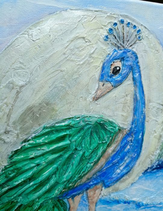 Obraz strukturalny rękodzieło akryle malowany paw