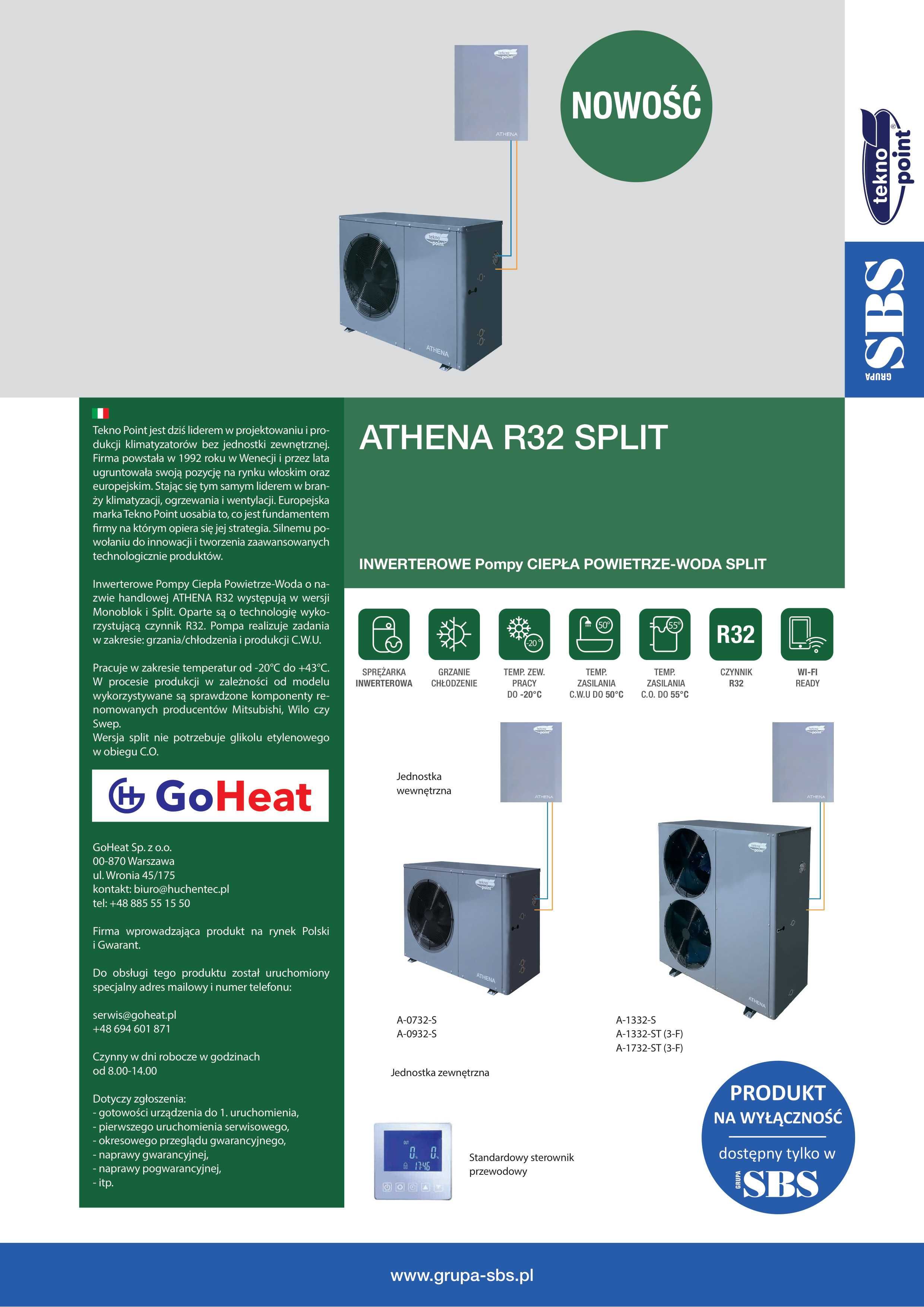 Pompa ciepła split 9kW TEKNO POINT ATHENA R32 grzanie/chłodzenie