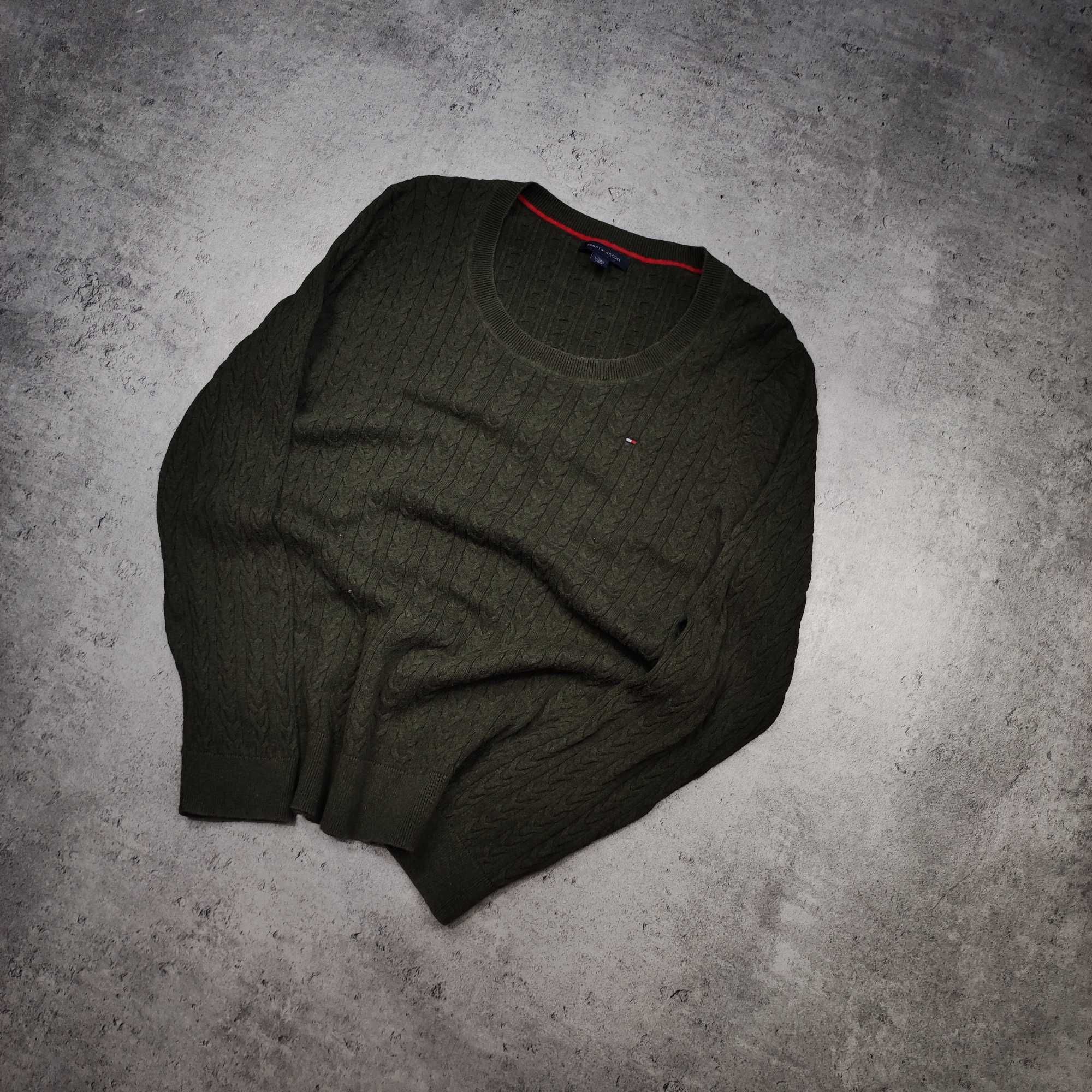 DAMSKI Sweterek Sweter Warkocz Pleciony Tommy Hilfiger Bawełna Khaki