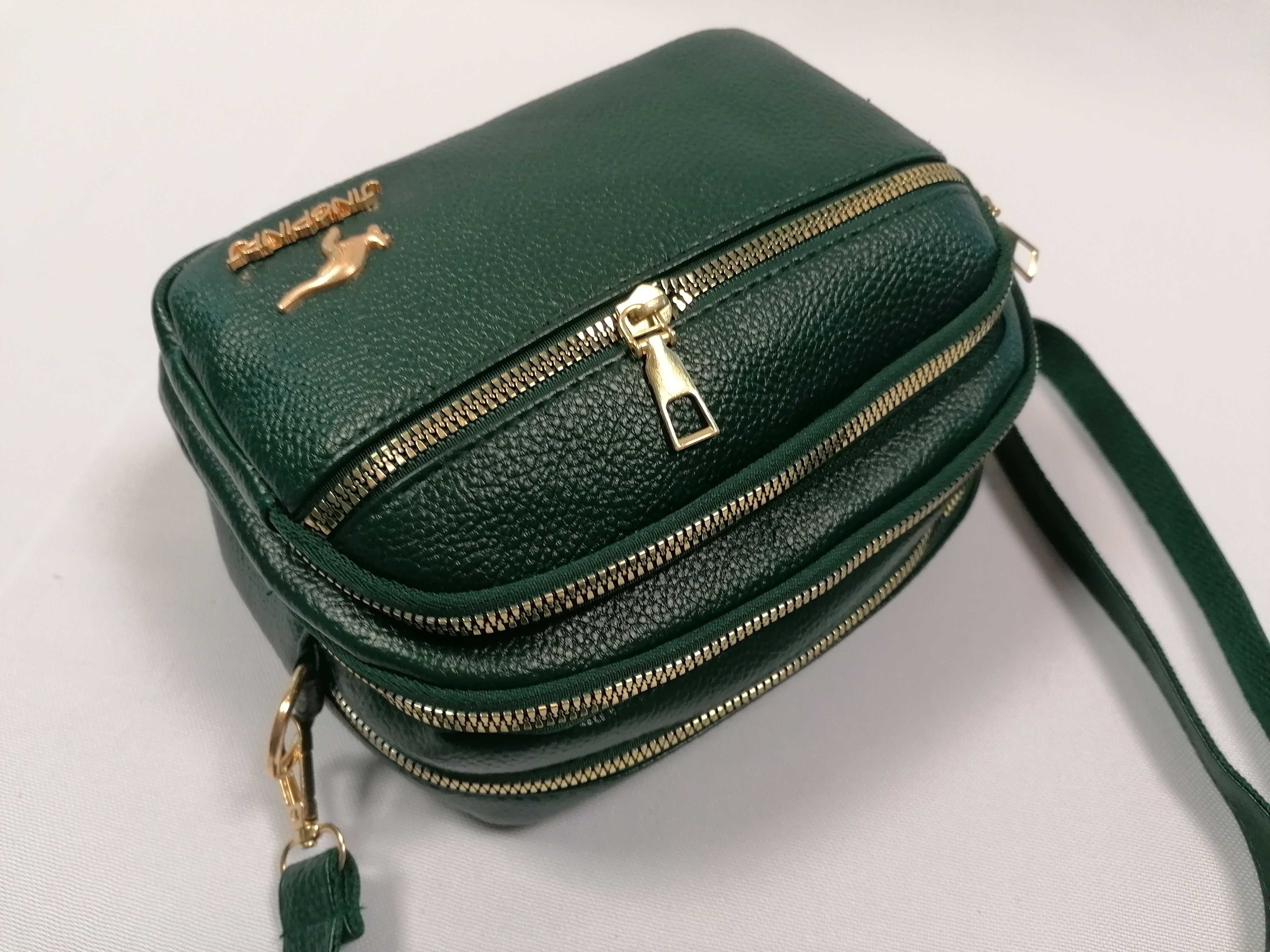 Torebka damska listonoszka crossbody butelkowa zieleń 4 komory Prezent