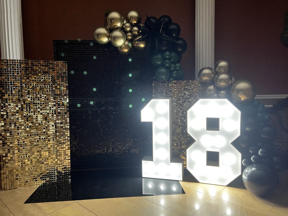 Cyfry 1,8,18 żarówki LED wynajem oraz dekoracje balonowe