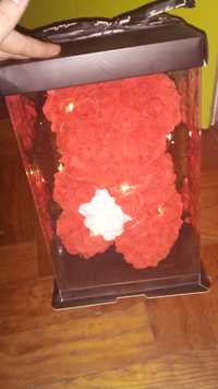 Urso vermelho e branco dentro de uma caixa