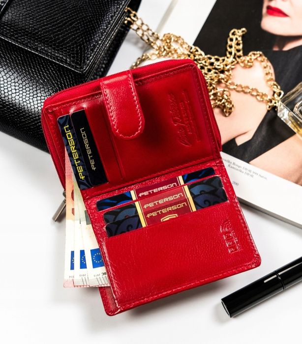 Peterson DAMSKI portfel skórzany mały pionowy na zatrzask czerwony