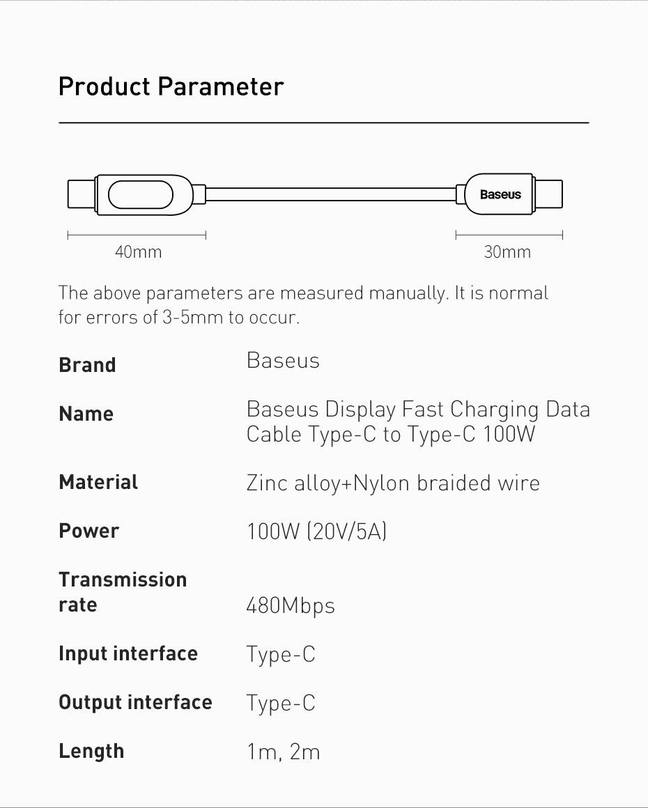 Кабель Baseus 100W з дисплеєм 1 метр