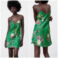 зелена сатинова міні сукня в квітковий принт Zara