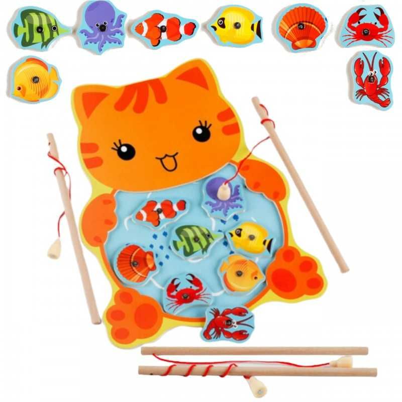 Drewniana gra łowienie rybek na magnes kot zabawka dla dzieci 3+