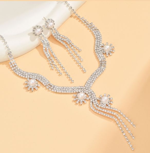 Komplet Biżuterii Perły Kolczyki Naszyjnik Ślub Srebrny Cyrkonie B5