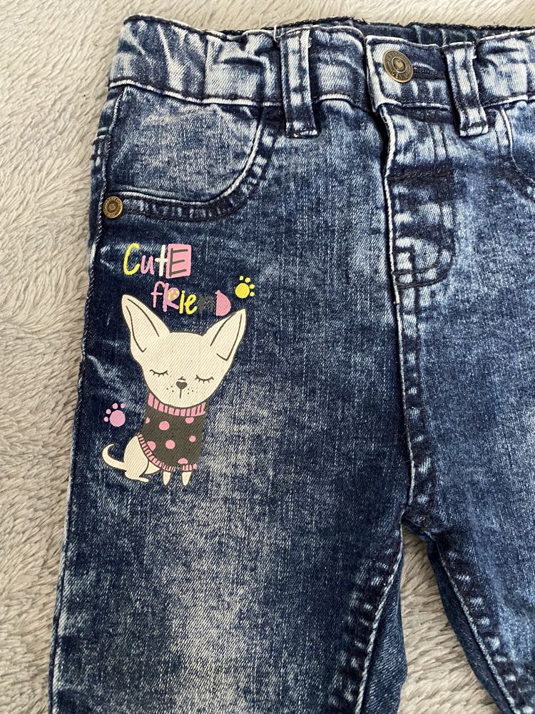 Jeansy spodnie dla dziewczynki piesek buldożek