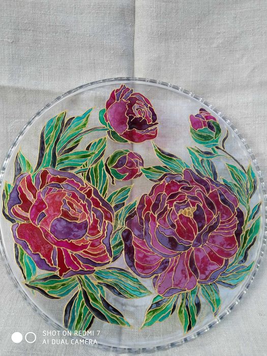 Тортниця. Блюдо для пирогів. Авторський вітражний розпис. Handmade