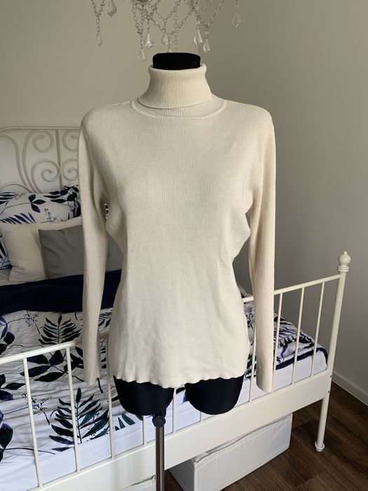 Scottsville beżowy wełniany sweter kaszmirem basic minimalizm golf XL