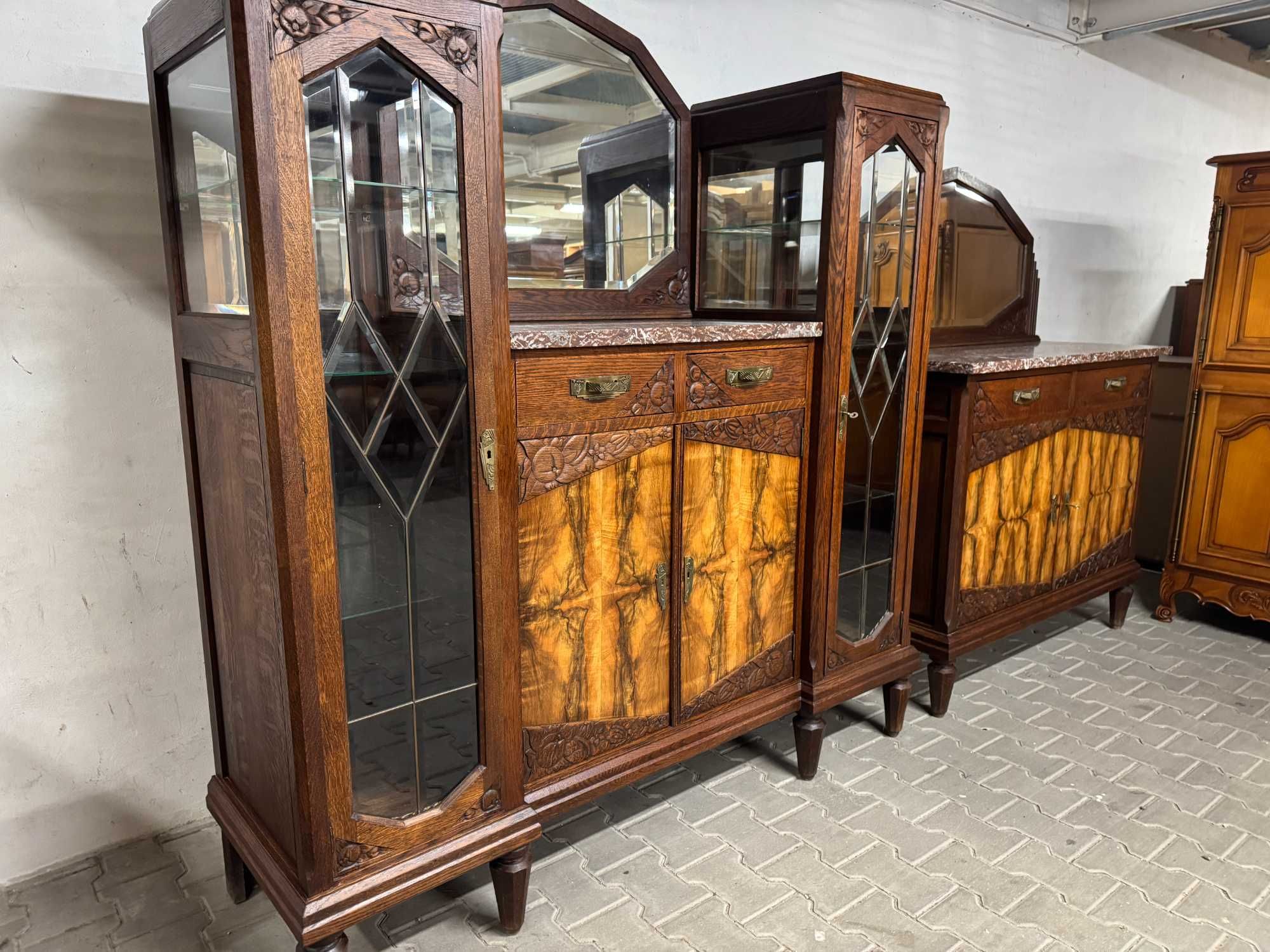 Kredens Art Deco witryna przeszklona kredens drewniany orzech marmur