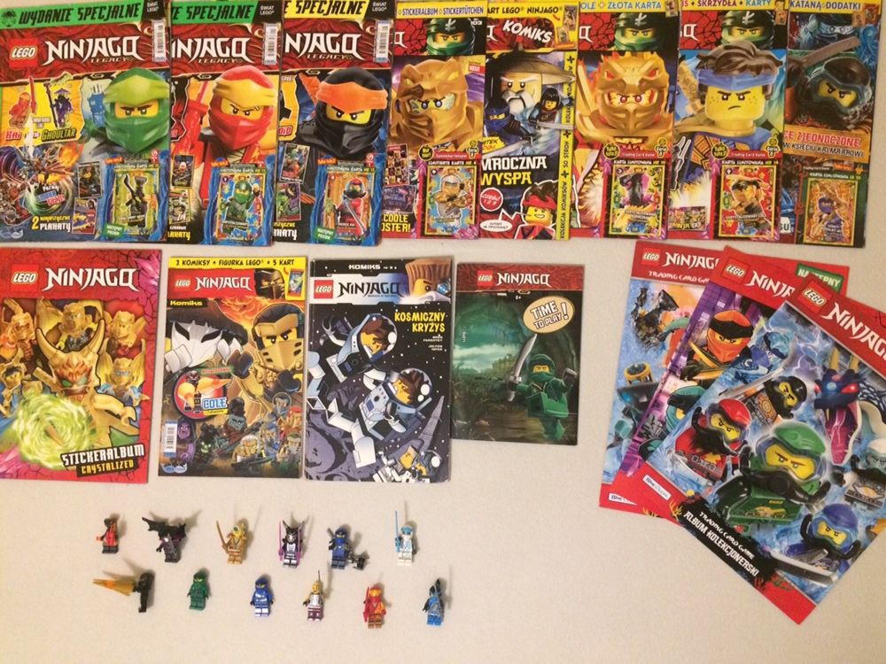 MEGA zestaw dla fana LEGO NINJAGO albumy karty figurki komiksy gazetki