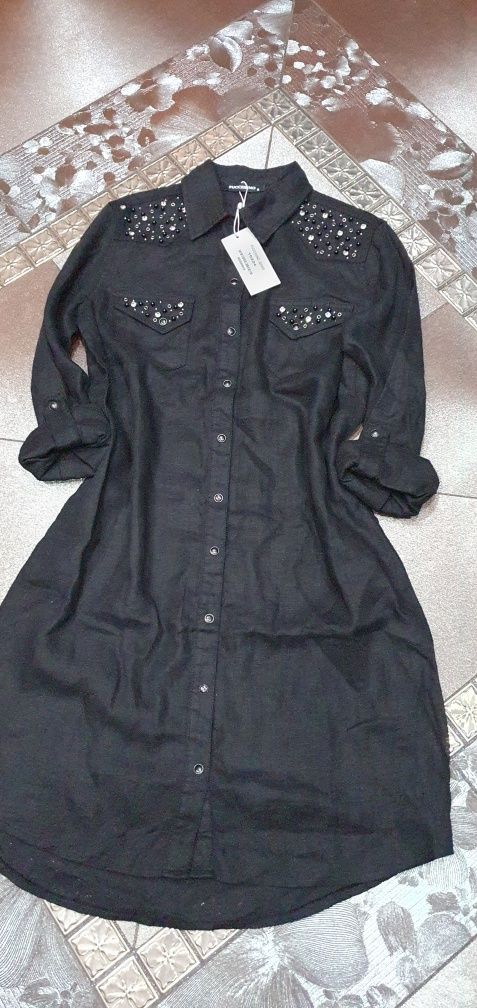 Puccihino sukienka lniana Len czarna kamienie koszulowa S M