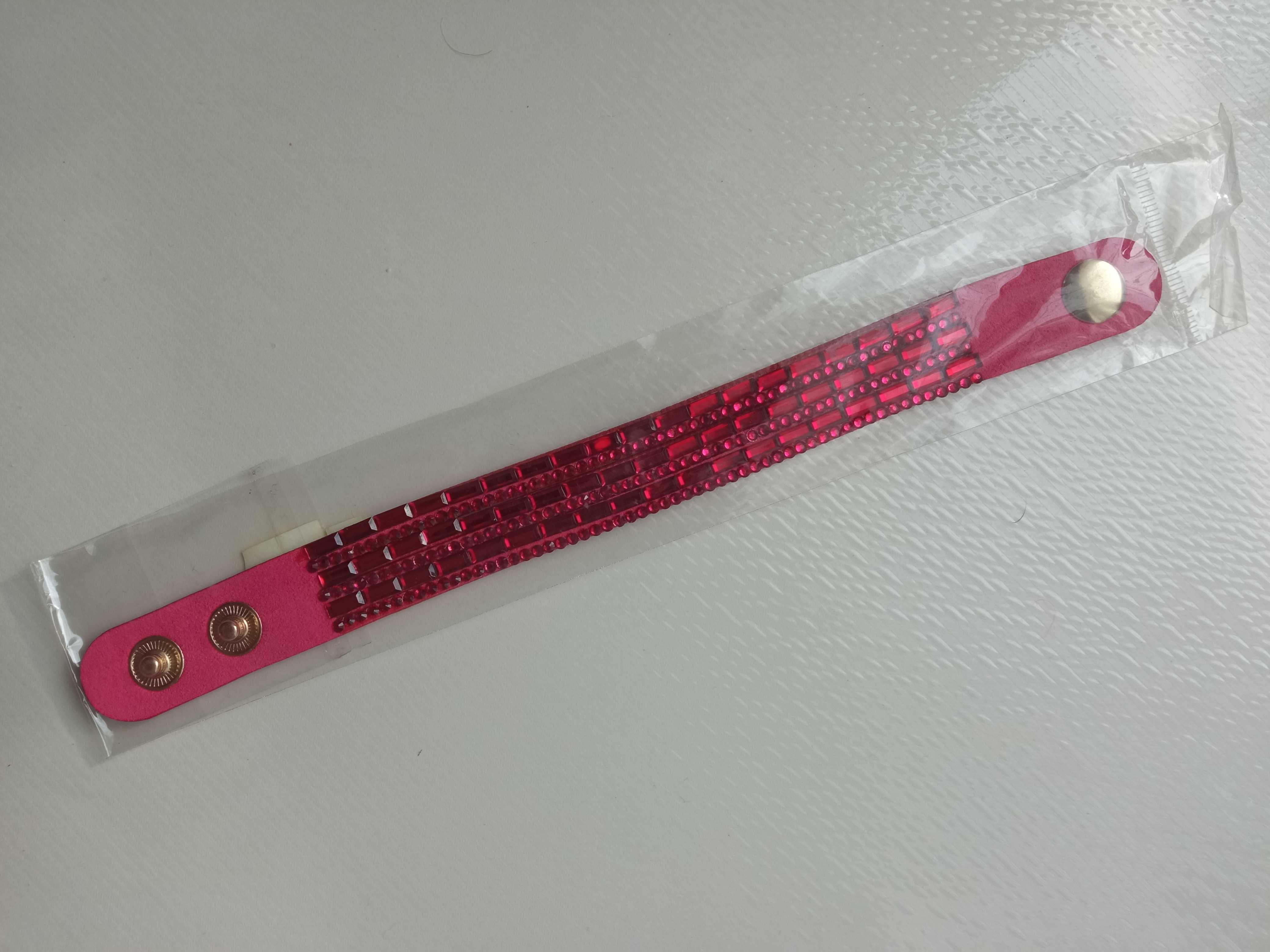 Bransoletka na pasku z kryształkami z cyrkoniami różowa 17 18 19 cm