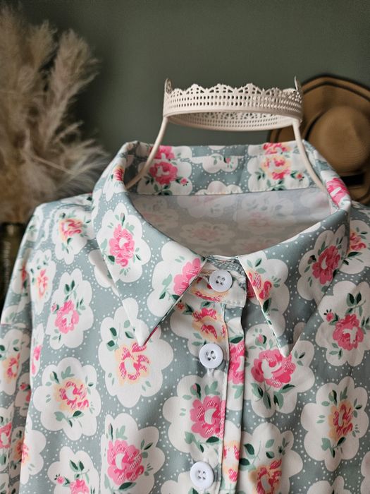 Oversize Koszula damska plus size XXL Mięta Kwiaty Róże Romantyczna Dł