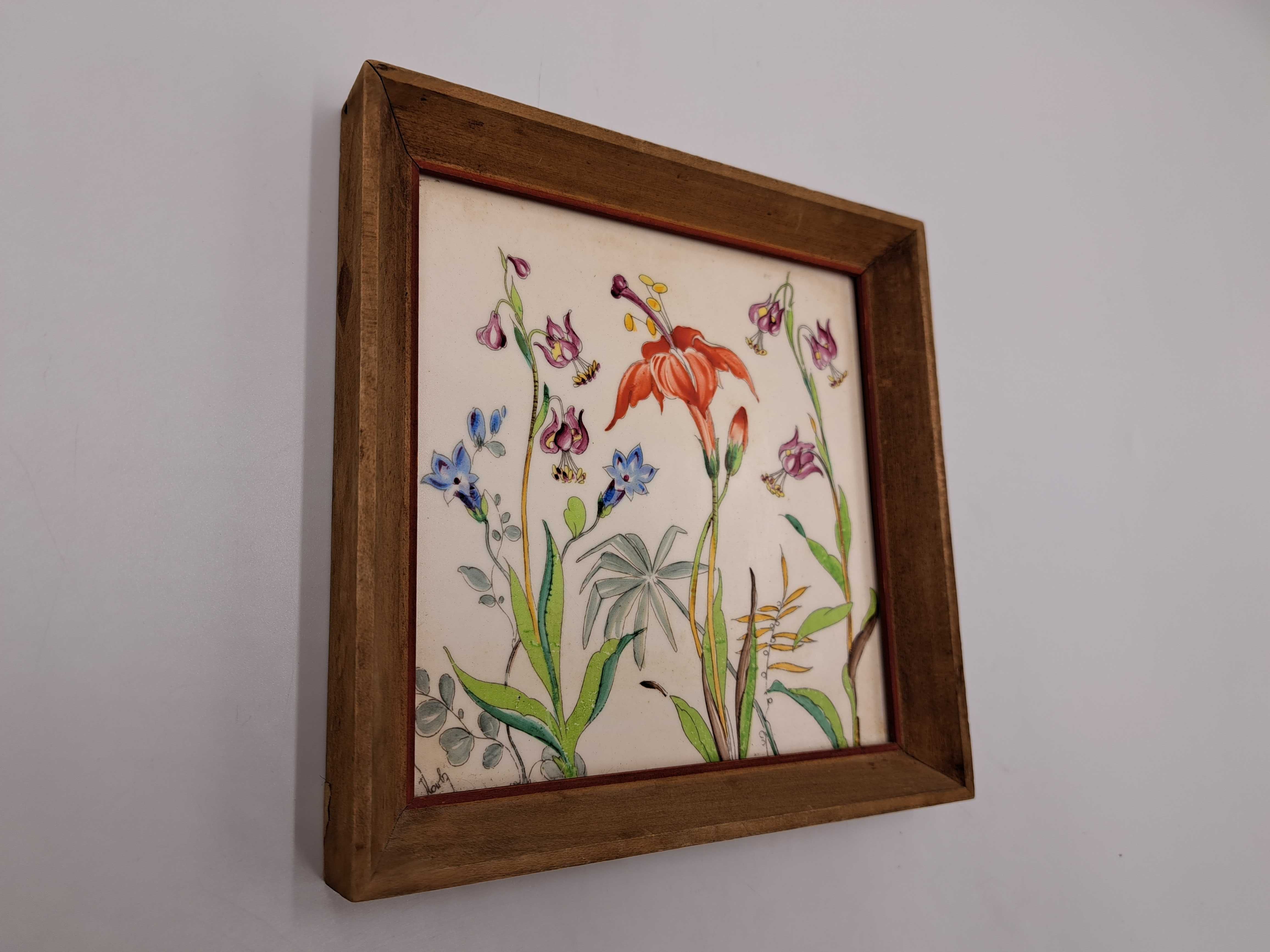 Płytka ceramiczna fliza Rako w ramce drewnianej obraz kwiaty malowany