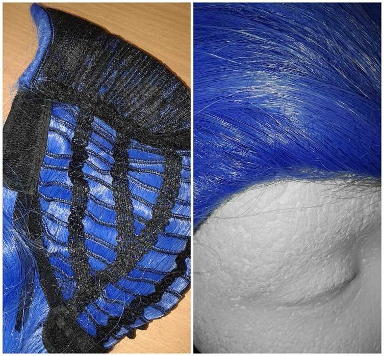 Niebieska falowana długa peruka bez grzywki z pasemkami cosplay wig