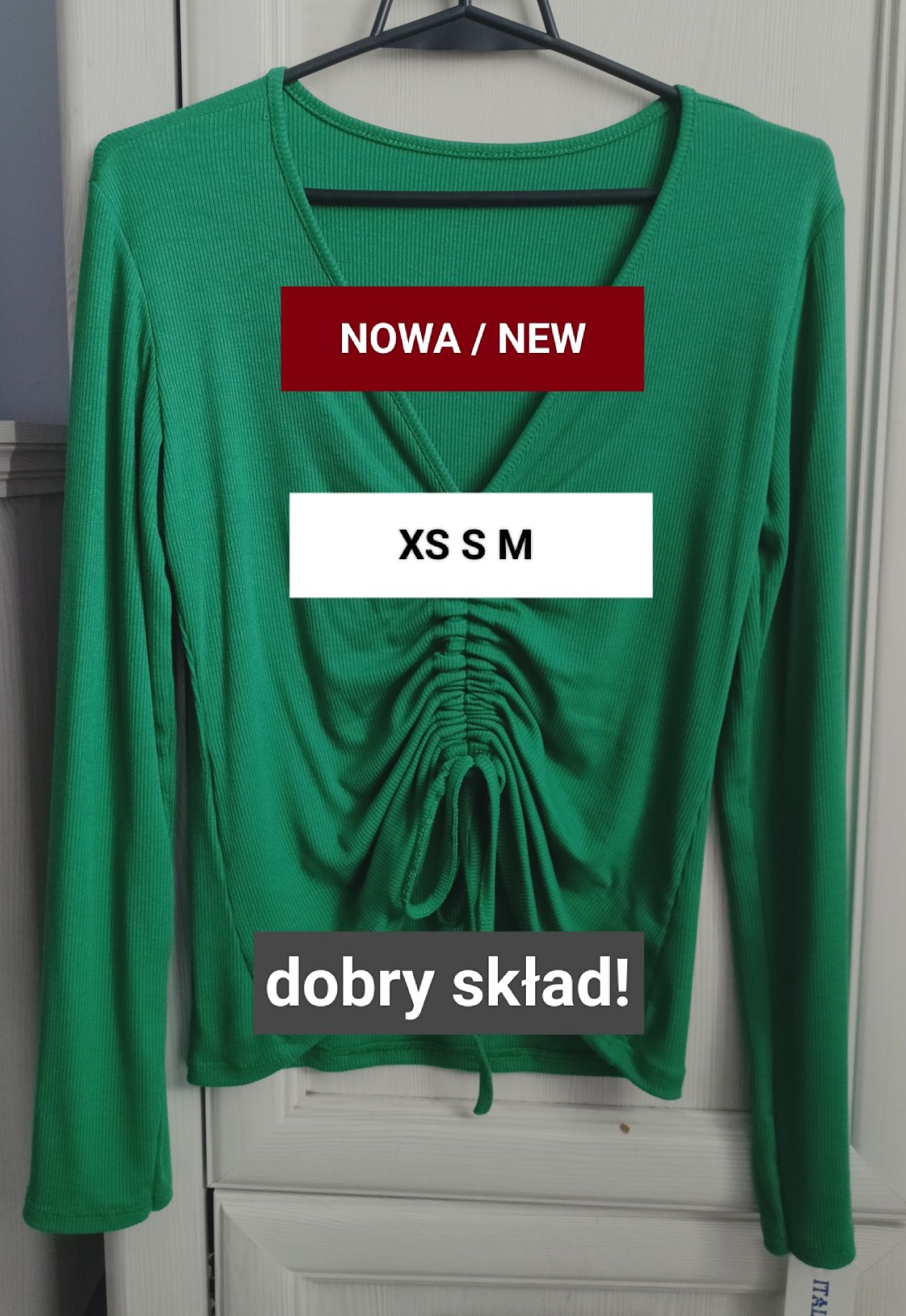 XS S M uni szmaragdowa zielona bluzka prążek ściągacz regulowana crop