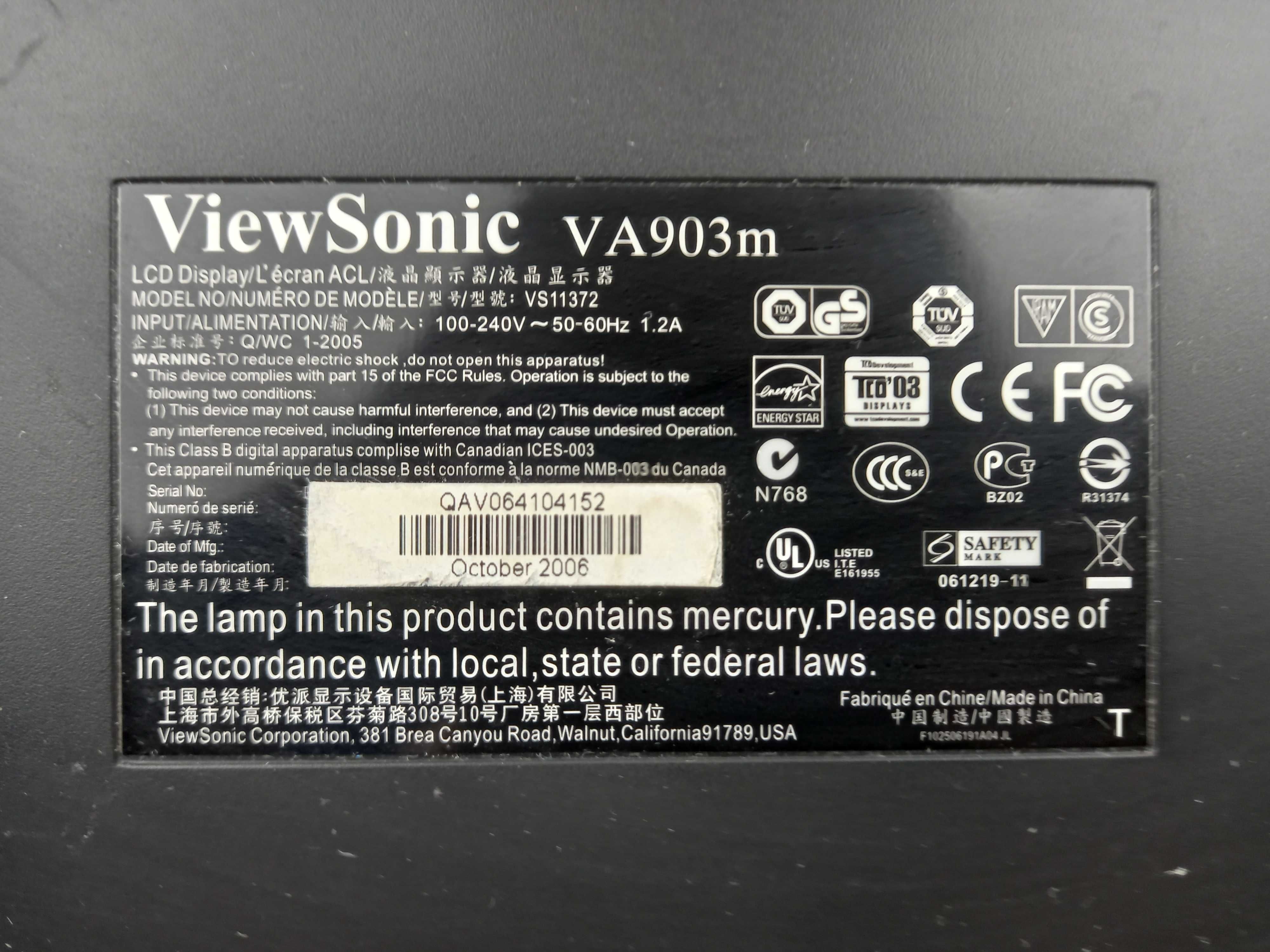 Monitor ViewSonic VA903m LCD 19″ + okablowanie