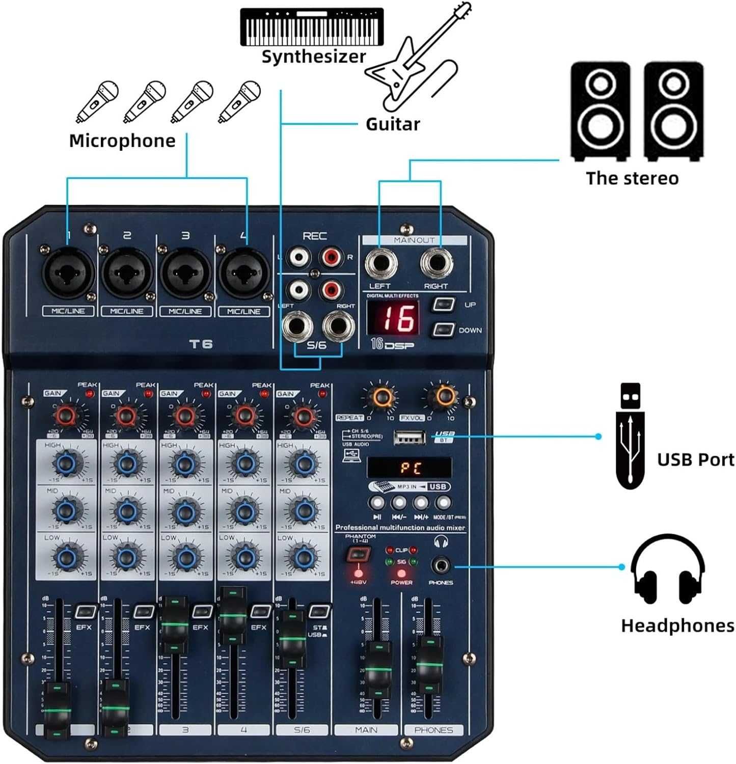 Depusheng T6 Misturador DJ 6 Canais com Bluetooth e USB