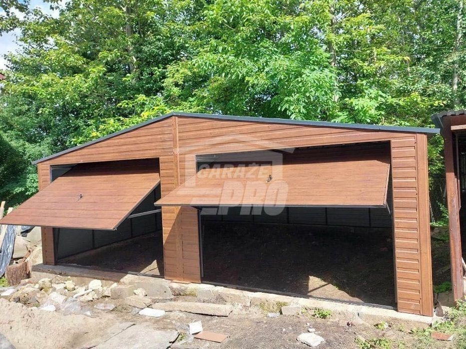 Garaż blaszany 7x5 2x Brama drewnopodobny Dach dwuspadowy GP203