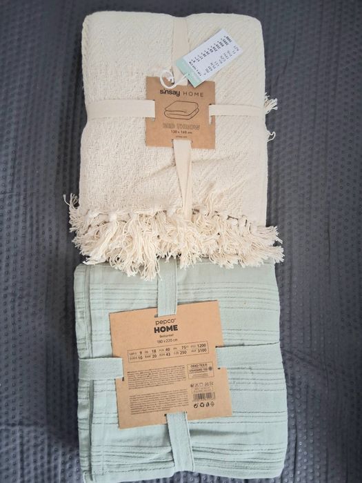 Dwie nowe narzuty na łożko 130x160 cm 180x220 cm boho beżowa zielona