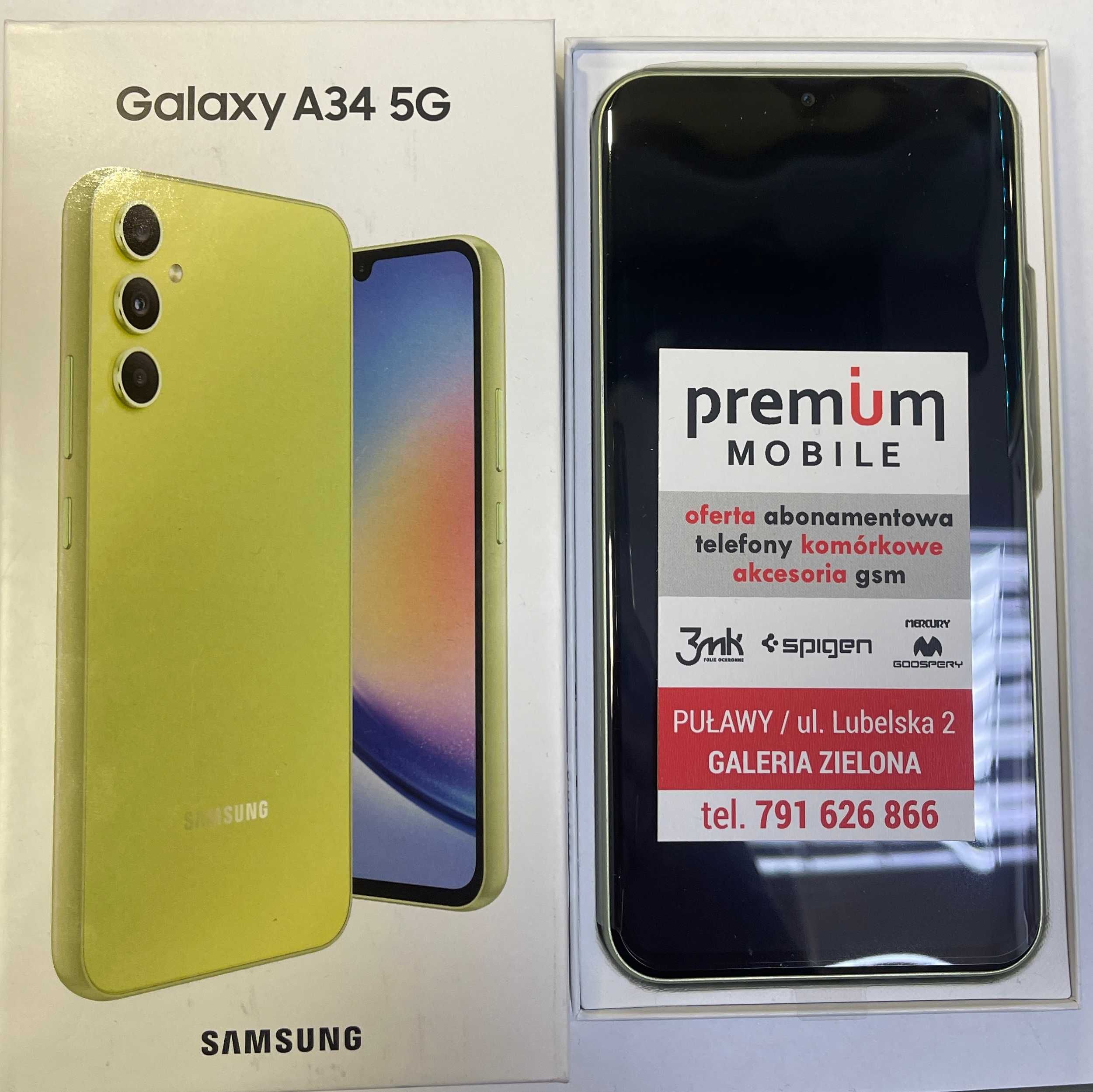 Samsung A34 5G,128 GB,Kolor:Awesome Lime, NOWY, PREMIUM MOBILE Puławy