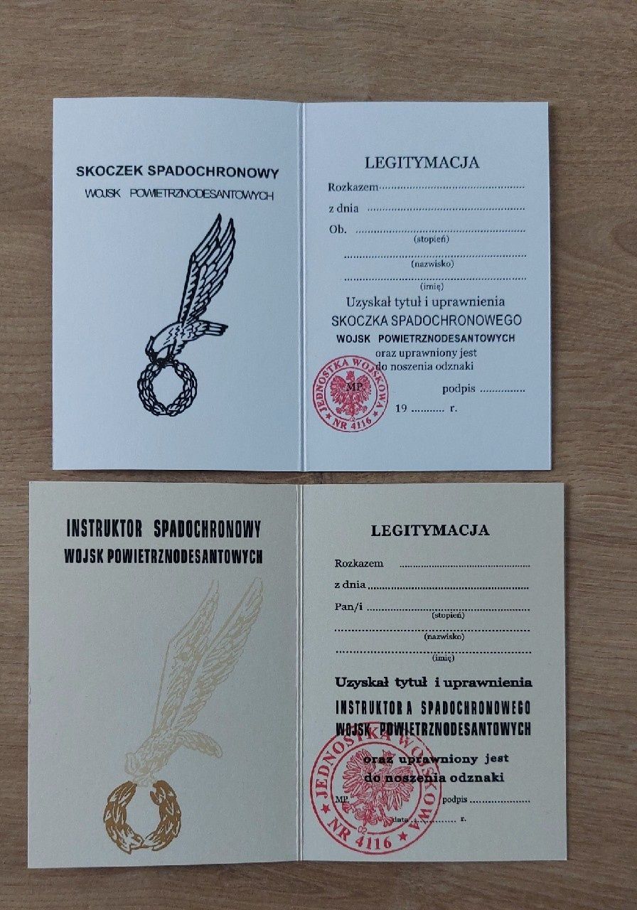 Legitymacje skoczka spadochronowego WPD