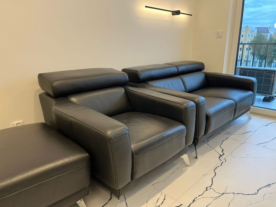 Komplet wypoczynkowy - sofa/kanapa + fotel + pufa - naturalna skóra