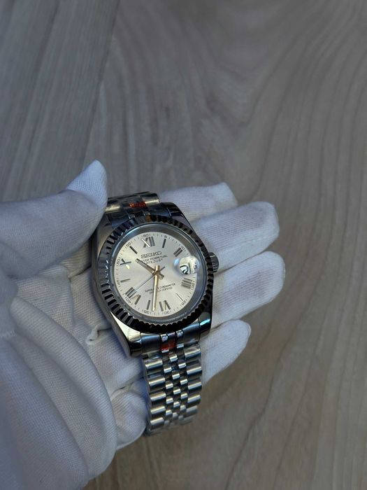 Zegarek Seiko Mod Datejust Roman Biały White Watch