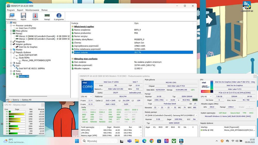 Laptop MSI Modern 15 B12MO/15.6/i7-1255U-4.7GHz/16GB/SSD512/Win11 z AI