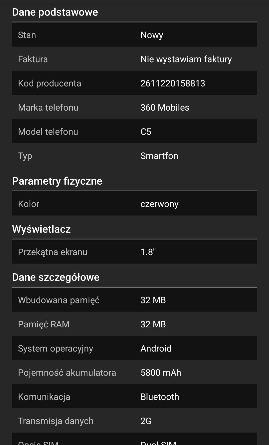 Telefon senior C5 5800  Dual Sim radio.mocny sygnał