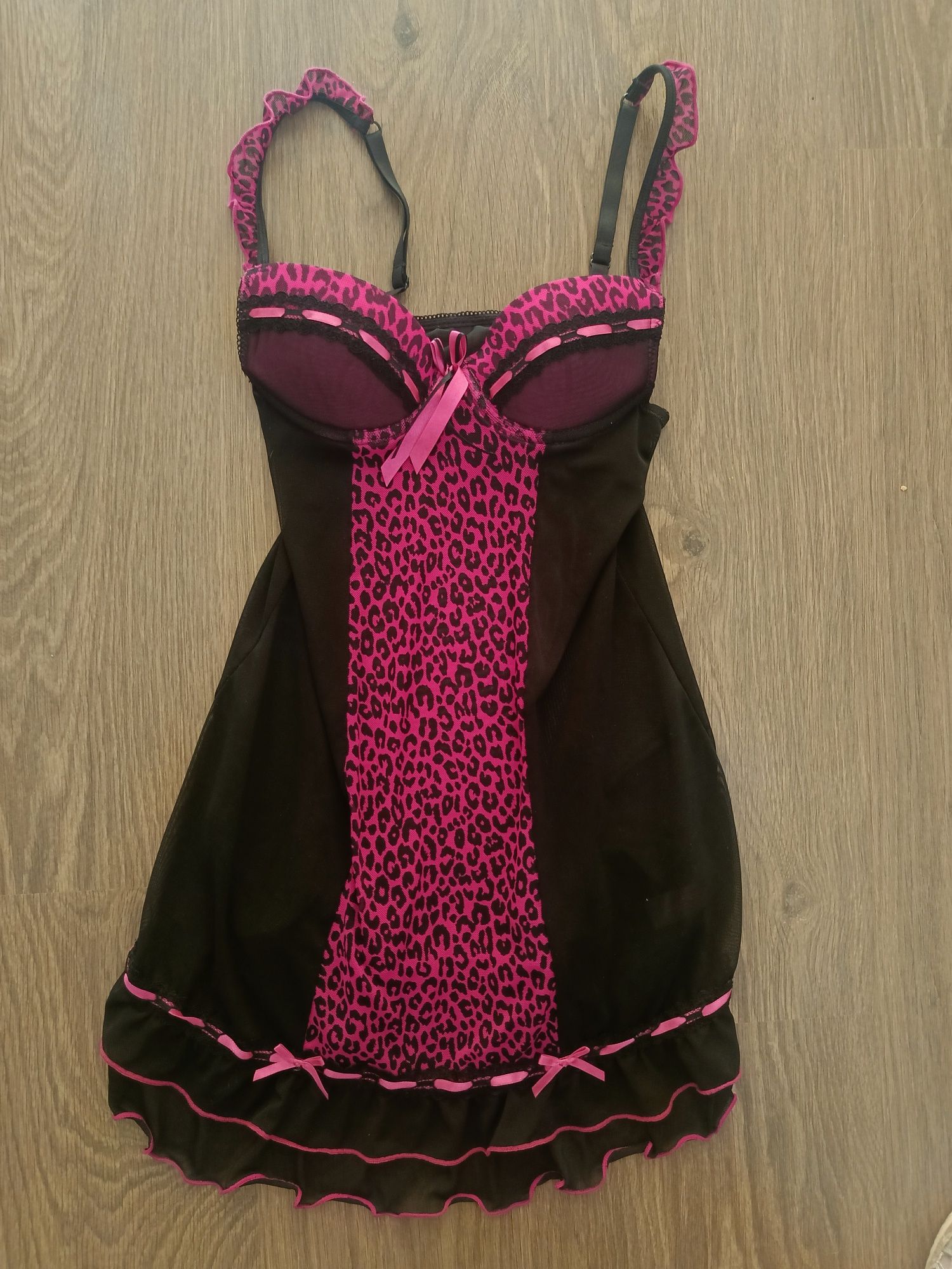 Koszulka nocna do spania sexy koszula nocna S 36 czarna różowa