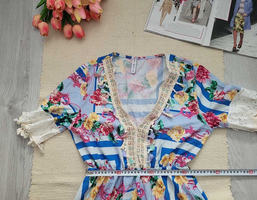 Kolorowa wakacyjna sukienka kwiaty koronka frędzle boho hippie S M L