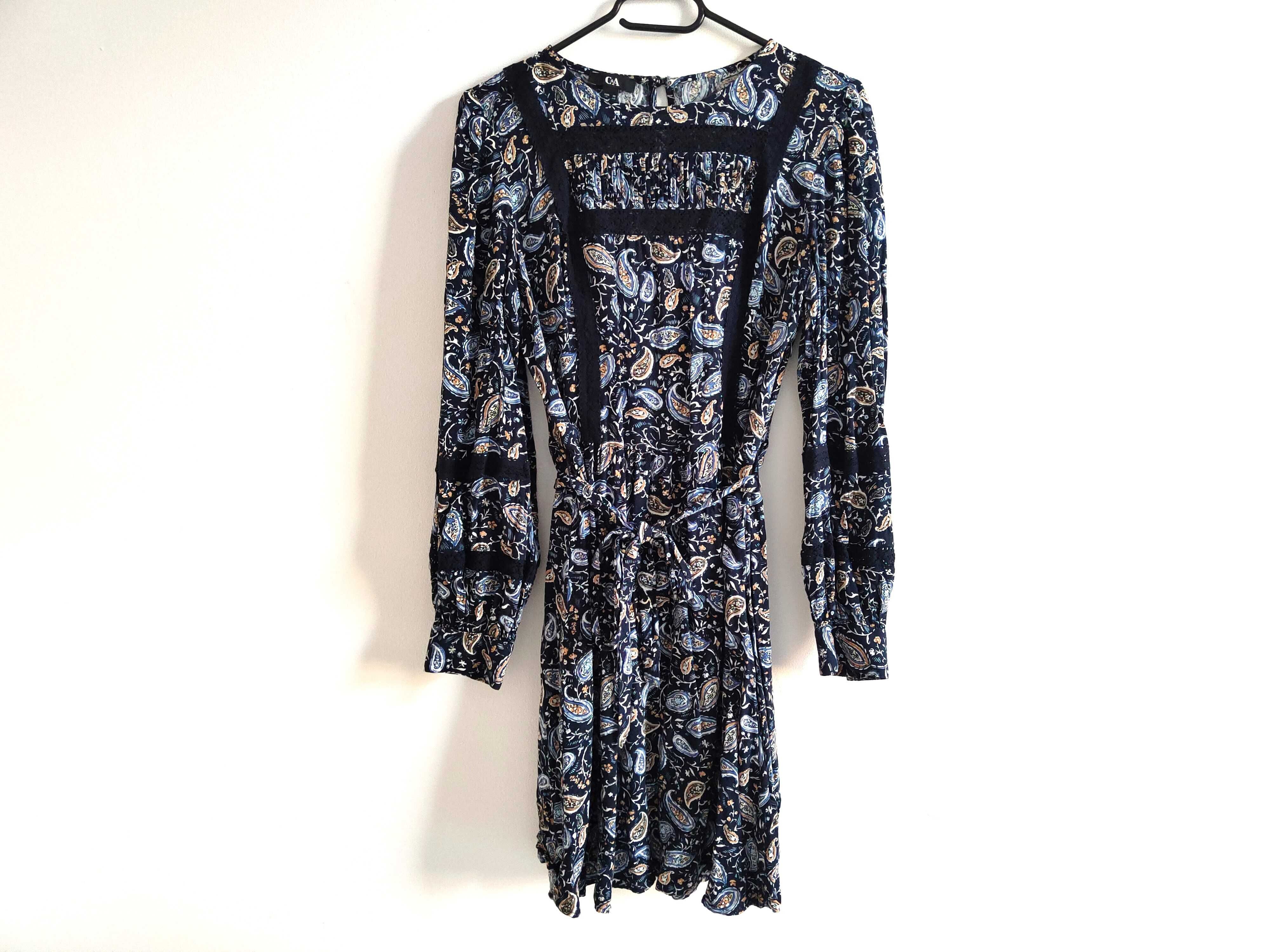 C&A niebieska sukienka boho koronka paisley retro vintage