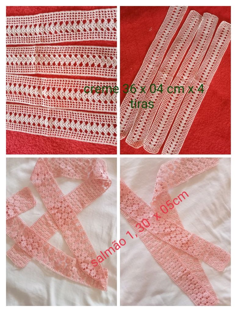 Renda manual cor salmão muito bonita. Quatro tiras branco Conjunto 19€