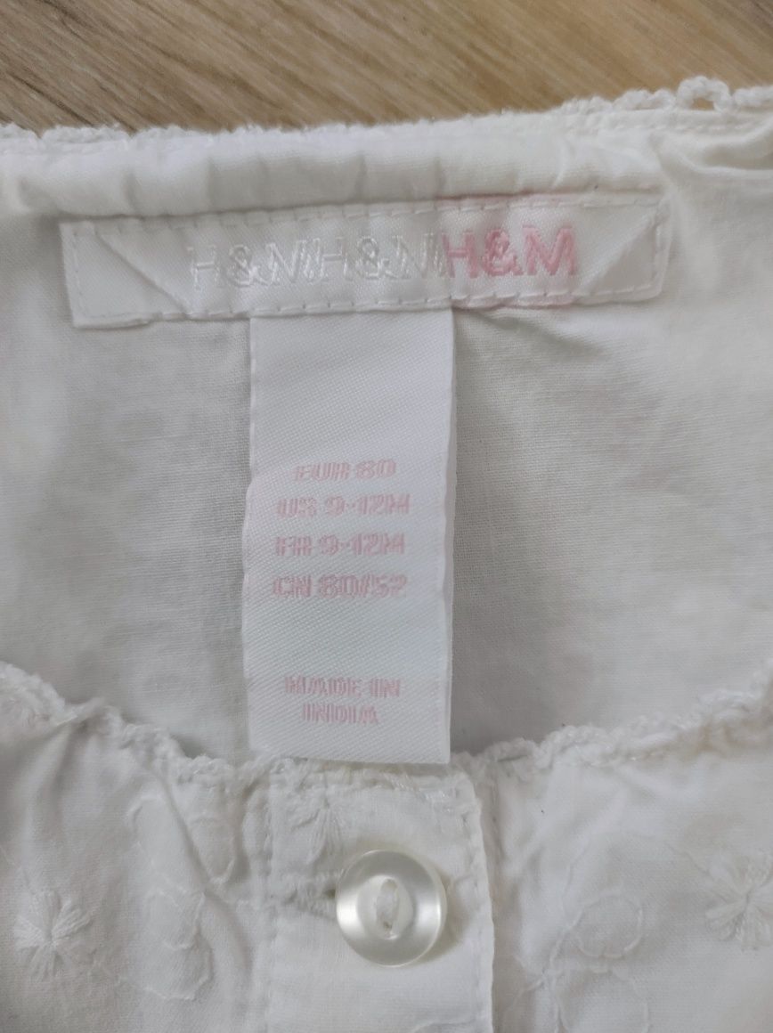 Piękna, biała, haftowana bluzeczka na krótki rękaw, boho, H&M, r.80