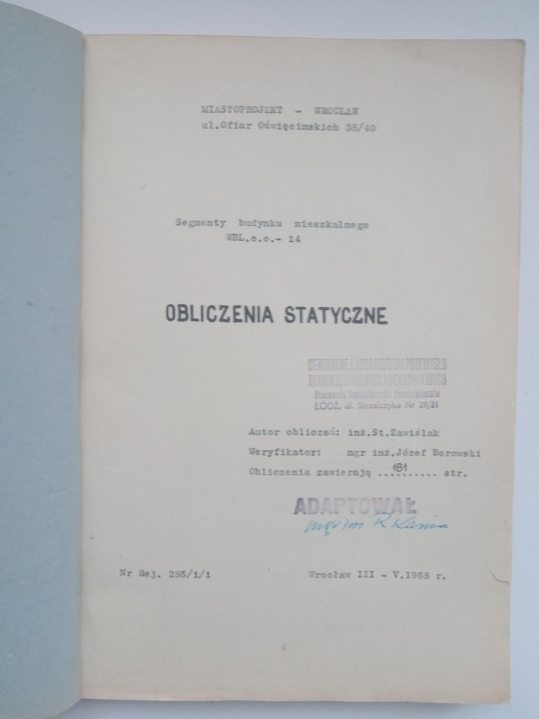 Miastoprojekt Wrocław Obliczenia statyczne Fabryka Kowary 1968 r.