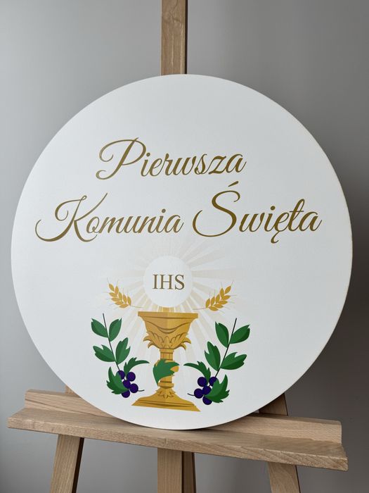 Tablica koło dekoracje sali ścianka pierwsza komunia święta IHS person