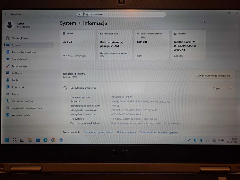 DELL Latitude E6330 i5-3320M 2.60GHz 8GB DDR3 SSD 240GB Windows 11 Pro