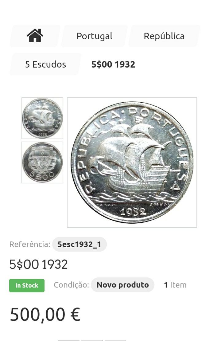 Para venda moeda 5 escudos 1932