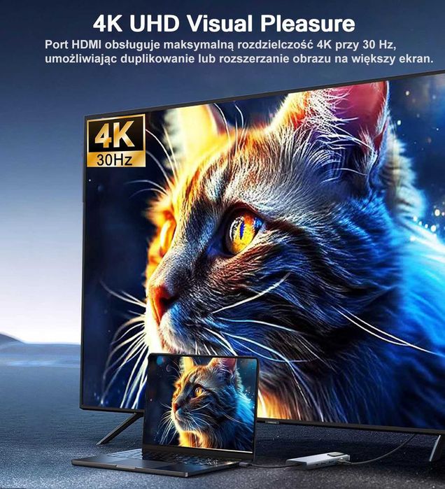 HUB Adapter USB-C 8w1 – Aluminium HDMI , RJ45, USB-C, Stacja dokująca